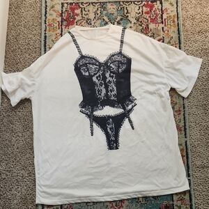 White T-Shirt with Black Lingerie Print